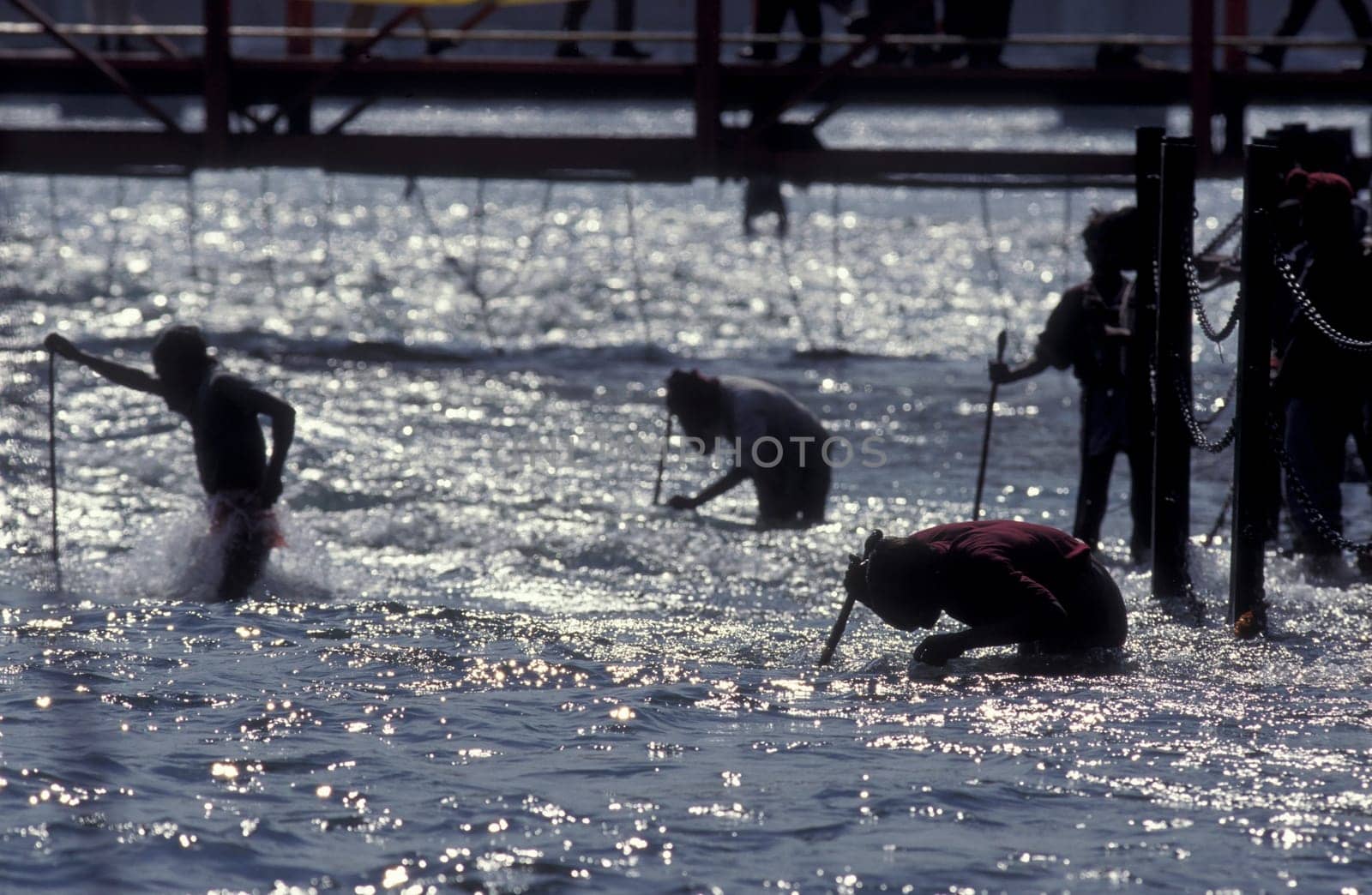 a men and treasure hunter search in the Holy Ganges River in the city of Haridwar in the Province Uttarakhand in India.  India, Haridwar, February, 1998