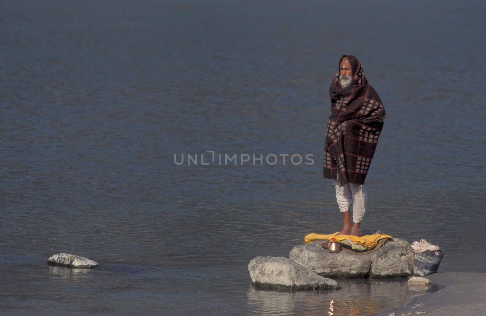 a Holy men and Street Sadhus at the Holy Ganges River in the city of Rishikesh in the Province Uttarakhand in India.  India, Rishikesh, February, 1998