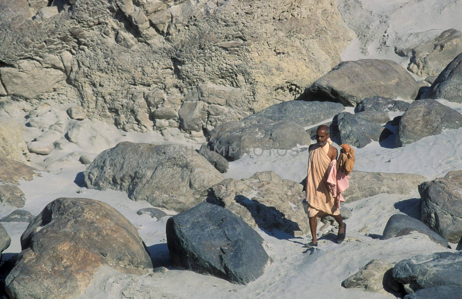 a Holy men and Street Sadhus at the Holy Ganges River in the city of Rishikesh in the Province Uttarakhand in India.  India, Rishikesh, February, 1998
