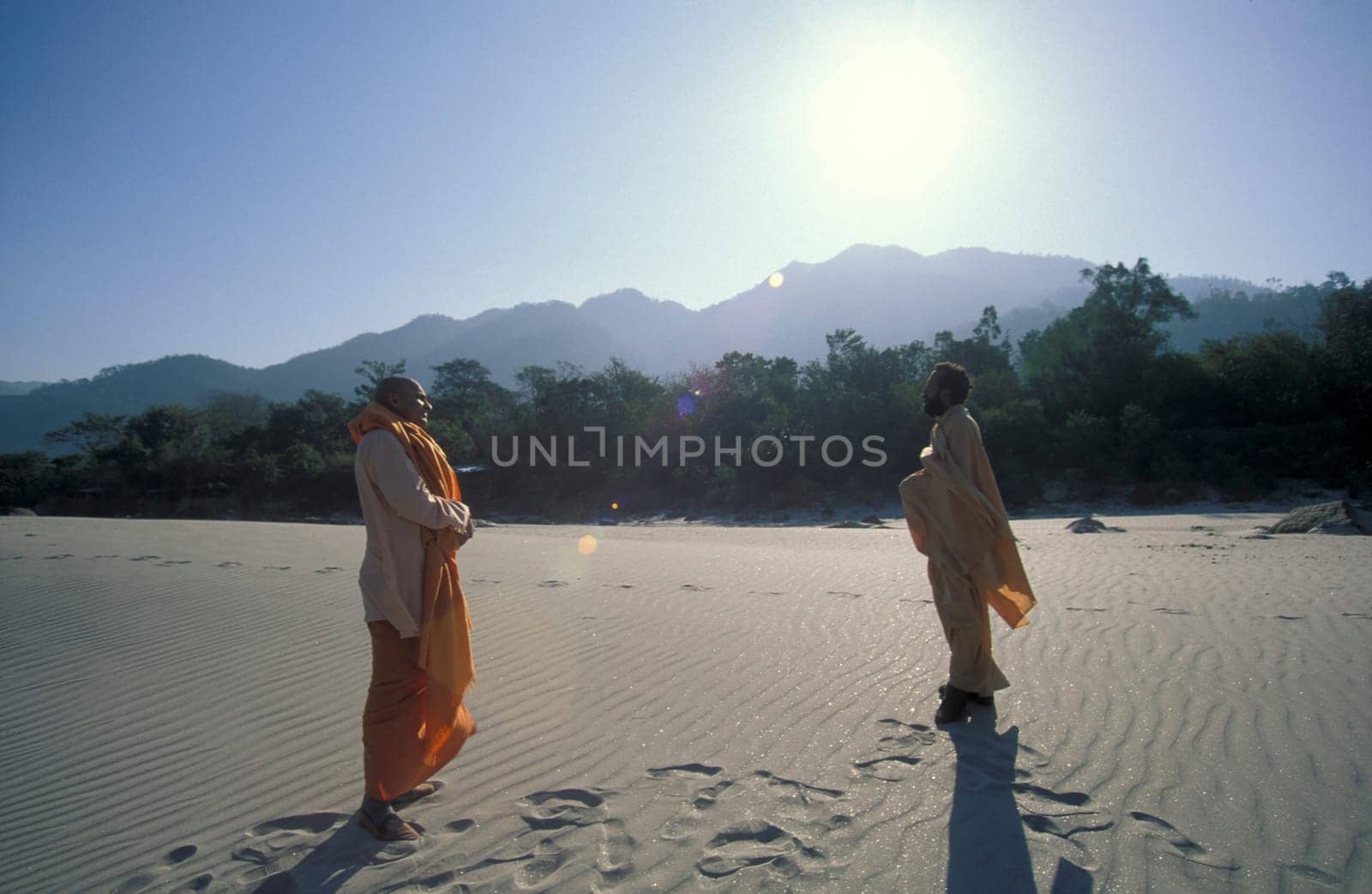 a Holy men and Street Sadhus at the Holy Ganges River in the city of Rishikesh in the Province Uttarakhand in India.  India, Rishikesh, February, 1998