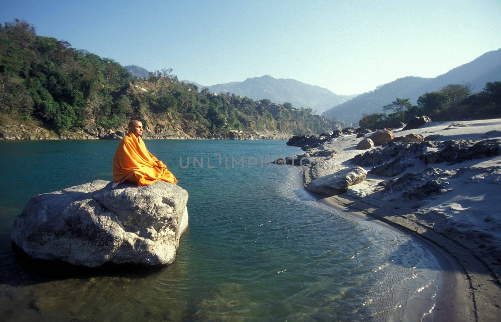 a Holy men and Street Sadhus at the Holy Ganges River in the city of Rishikesh in the Province Uttarakhand in India.  India, Rishikesh, February, 1998