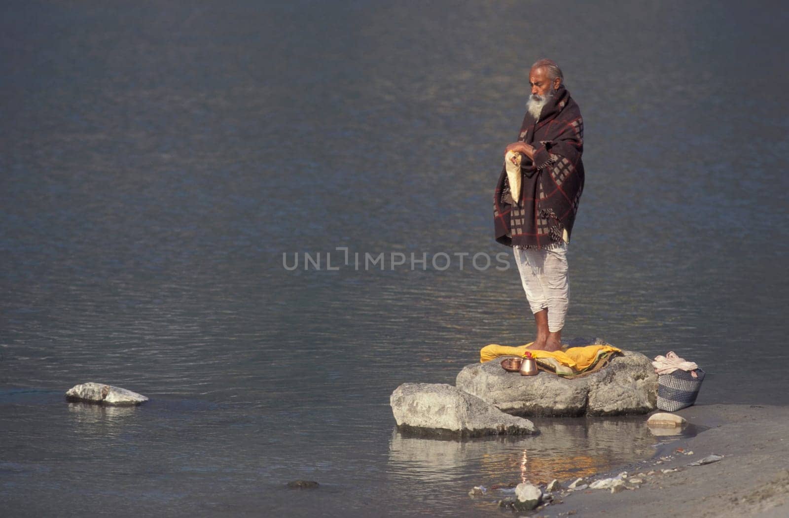 a Holy men and Street Sadhus at the Holy Ganges River in the city of Rishikesh in the Province Uttarakhand in India.  India, Rishikesh, February, 1998