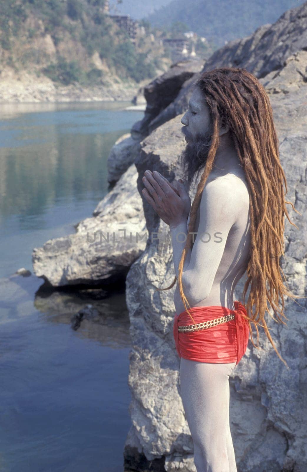 a Holy men and Street Sadhus at the Holy Ganges River in the city of Rishikesh in the Province Uttarakhand in India.  India, Rishikesh, February, 1998