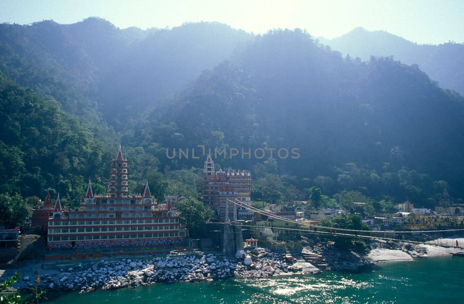 a Hindu Hermitage or Monastery of Ashram at the Holy Ganges River in the city of Rishikesh in the Province Uttarakhand in India.  India, Rishikesh, February, 1998