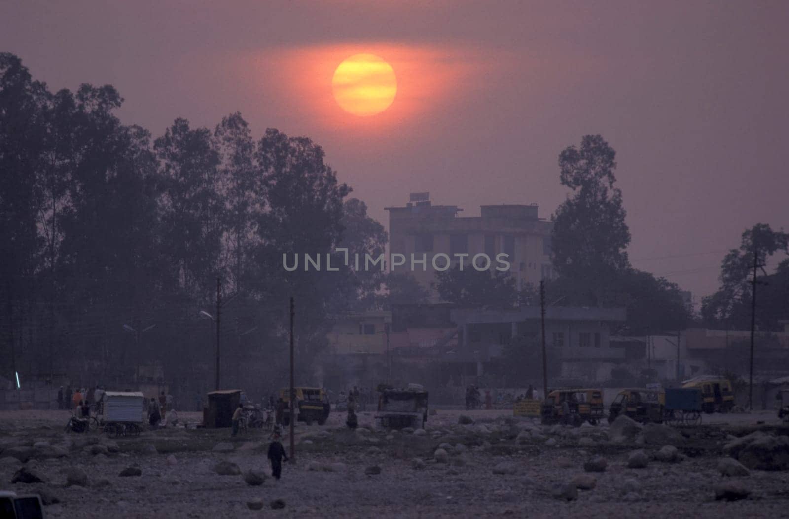 a sunst in the city of Rishikesh in the Province Uttarakhand in India.  India, Rishikesh, February, 1998