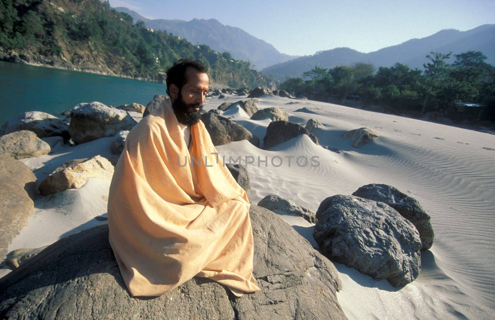 a Holy men and Street Sadhus at the Holy Ganges River in the city of Rishikesh in the Province Uttarakhand in India.  India, Rishikesh, February, 1998