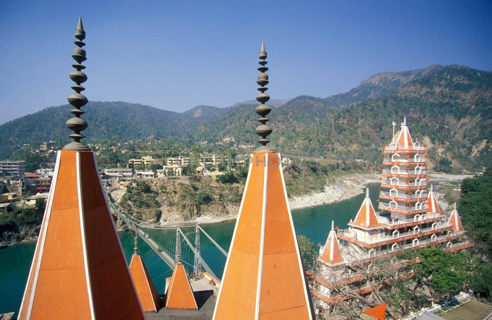 a Hindu Hermitage or Monastery of Ashram at the Holy Ganges River in the city of Rishikesh in the Province Uttarakhand in India.  India, Rishikesh, February, 1998