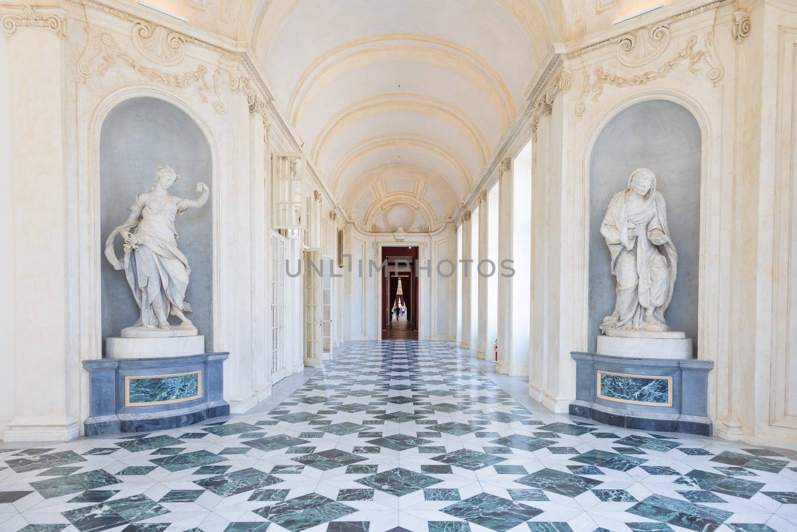 Venaria Reale, Italy - 16 July 2023: luxury gallery perspective, decorative marble, indoor, nobody, Royal Palace. Italy travel destination.