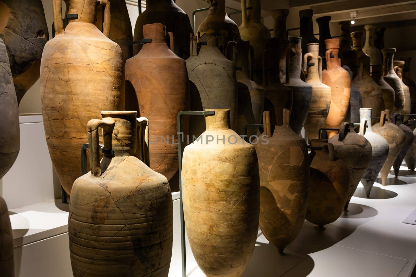 Comacchio, Italy - 11 June 2024, Delta Antique museum interior. Mediterranean amphoras. Italic and Greek wine and oil container.