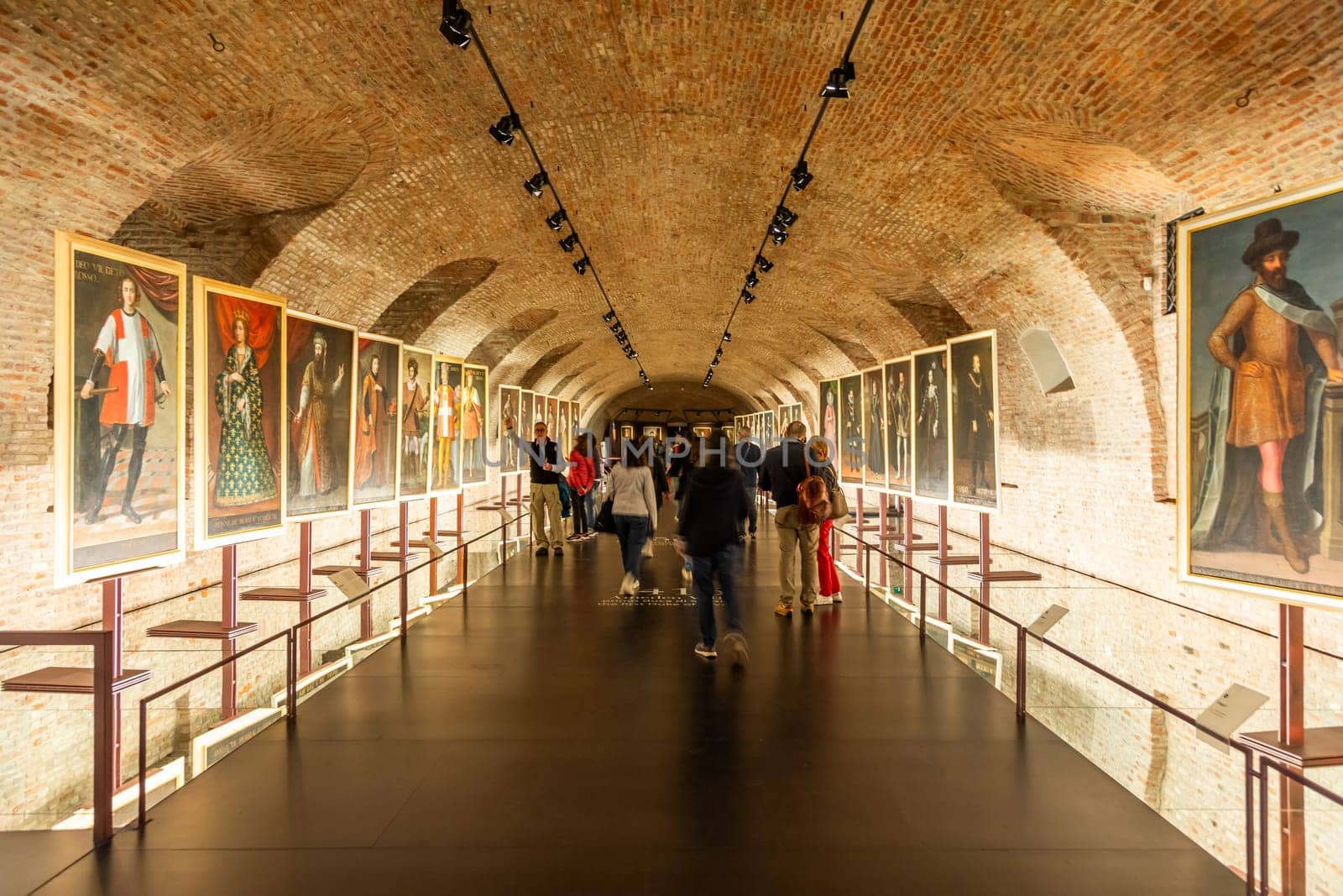 Venaria Reale - Turin, Italy - 16 July 2023: old gallery, museum with paintings perspective