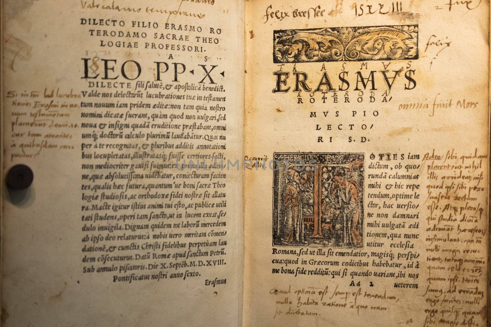 Turin, Italy - 22 April 2023: Erasmo da Rotterdam - Erasmus Roterodamus - New Testament, first printed in 1516. Ancient manuscript