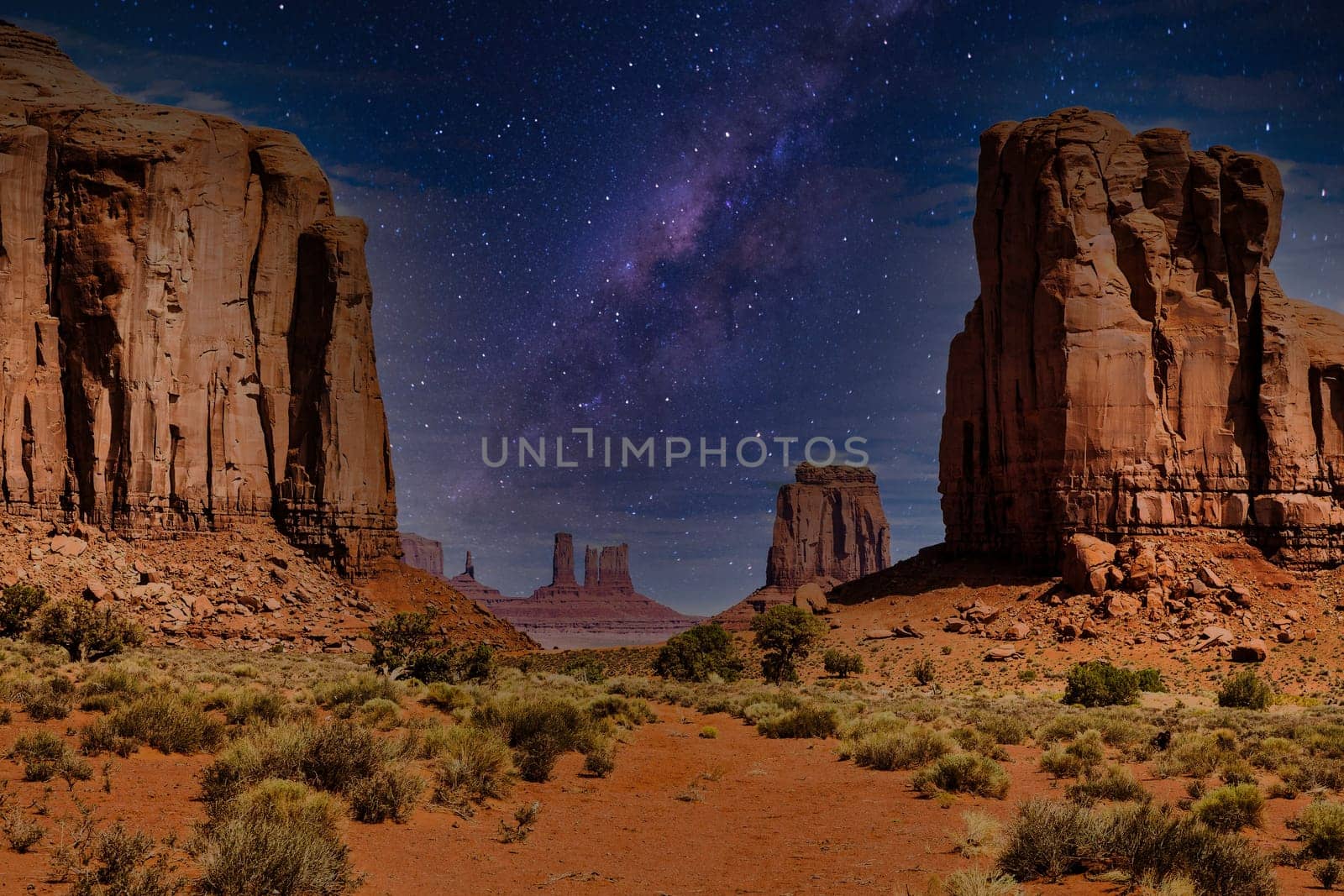 Monument Valley horizon, US, Navajo canyon park. Scenic sky by night, nature and rock desert.