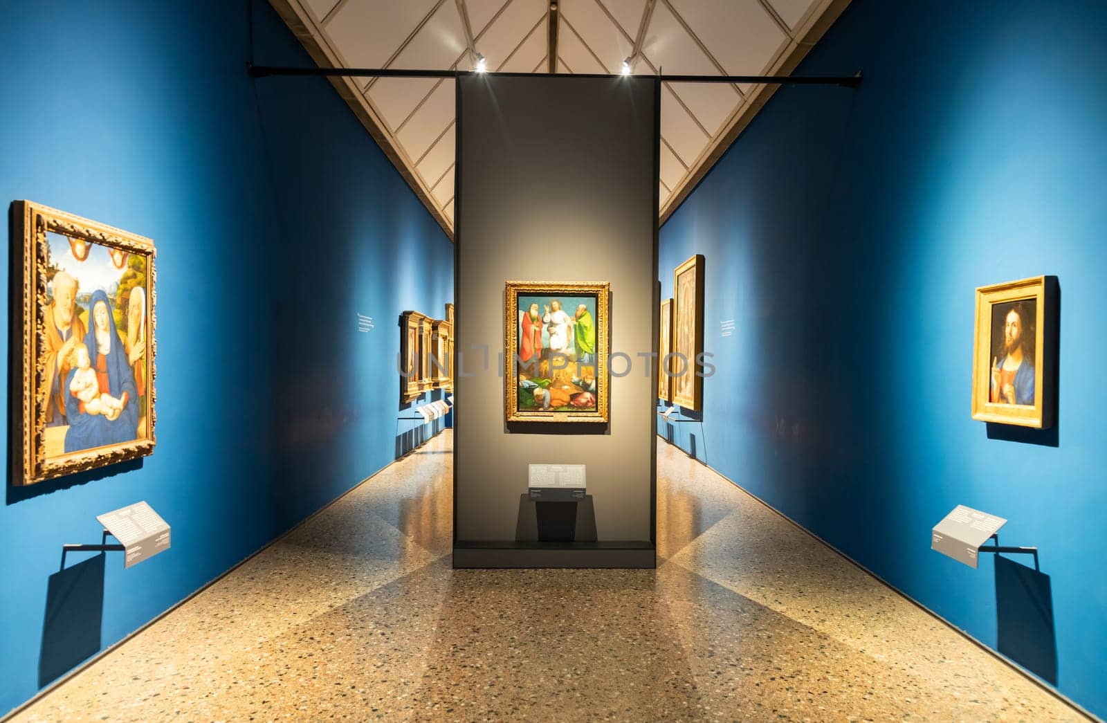 Milan, Italy - 23 September 2023: Brera antique painting museum interior. Vintage art exibition, elegant indoor, nobody.