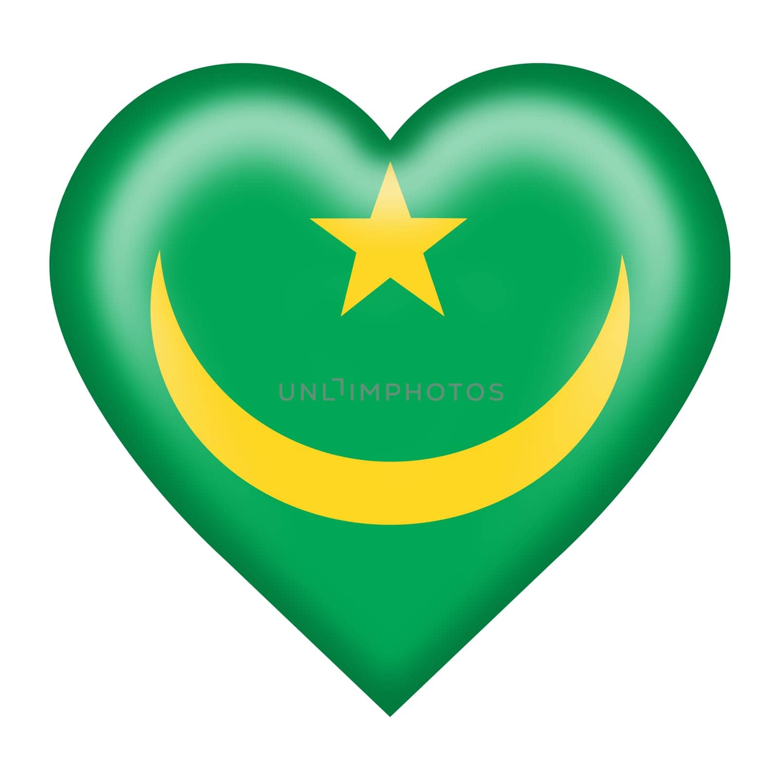 A Mauritania flag heart button isolated on white with clipping path 3d illustration green yellow star crescent moon