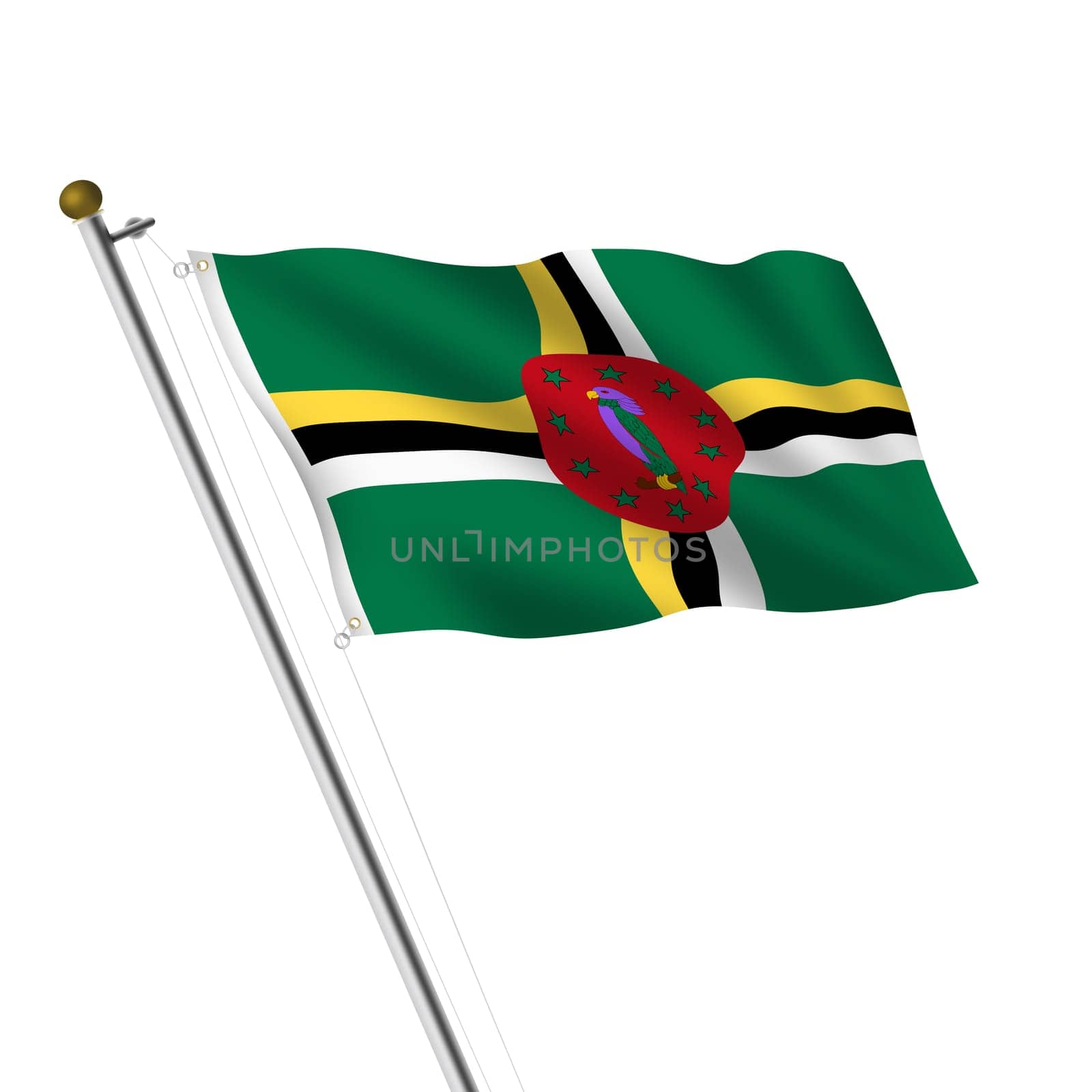 A Dominica Flagpole 3d illustration on white with clipping path green yellow black red sisserou parrot