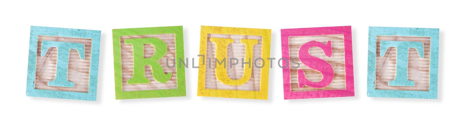 A trust concept with childs wood blocks on white with clipping path to remove shadow