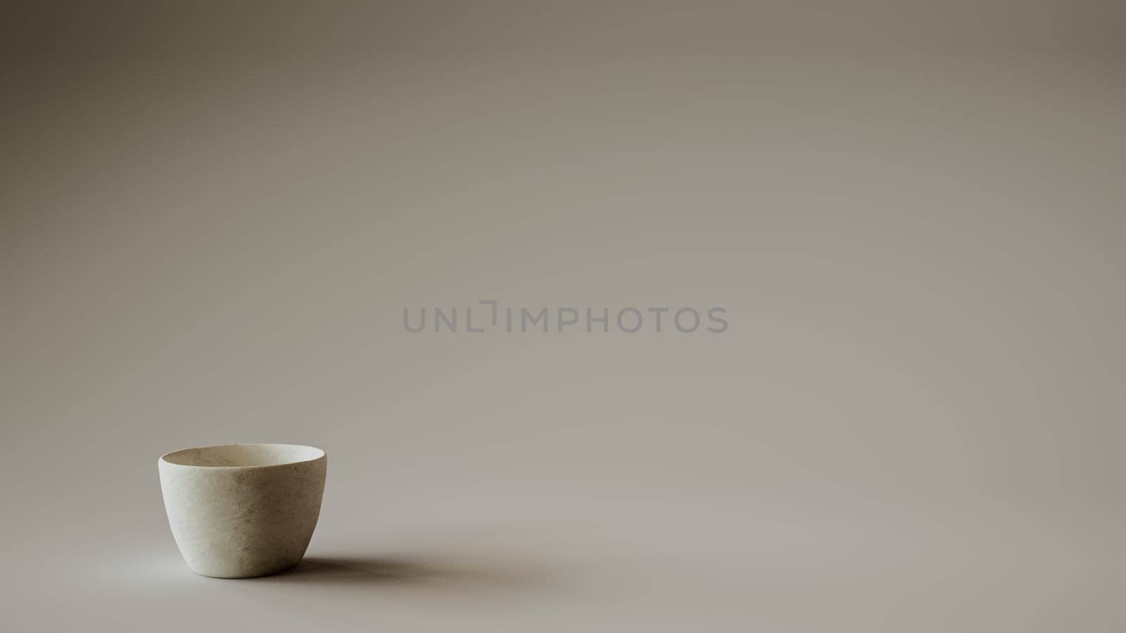 A minimalistic 3D rendering of a beige ceramic cup against a plain background.