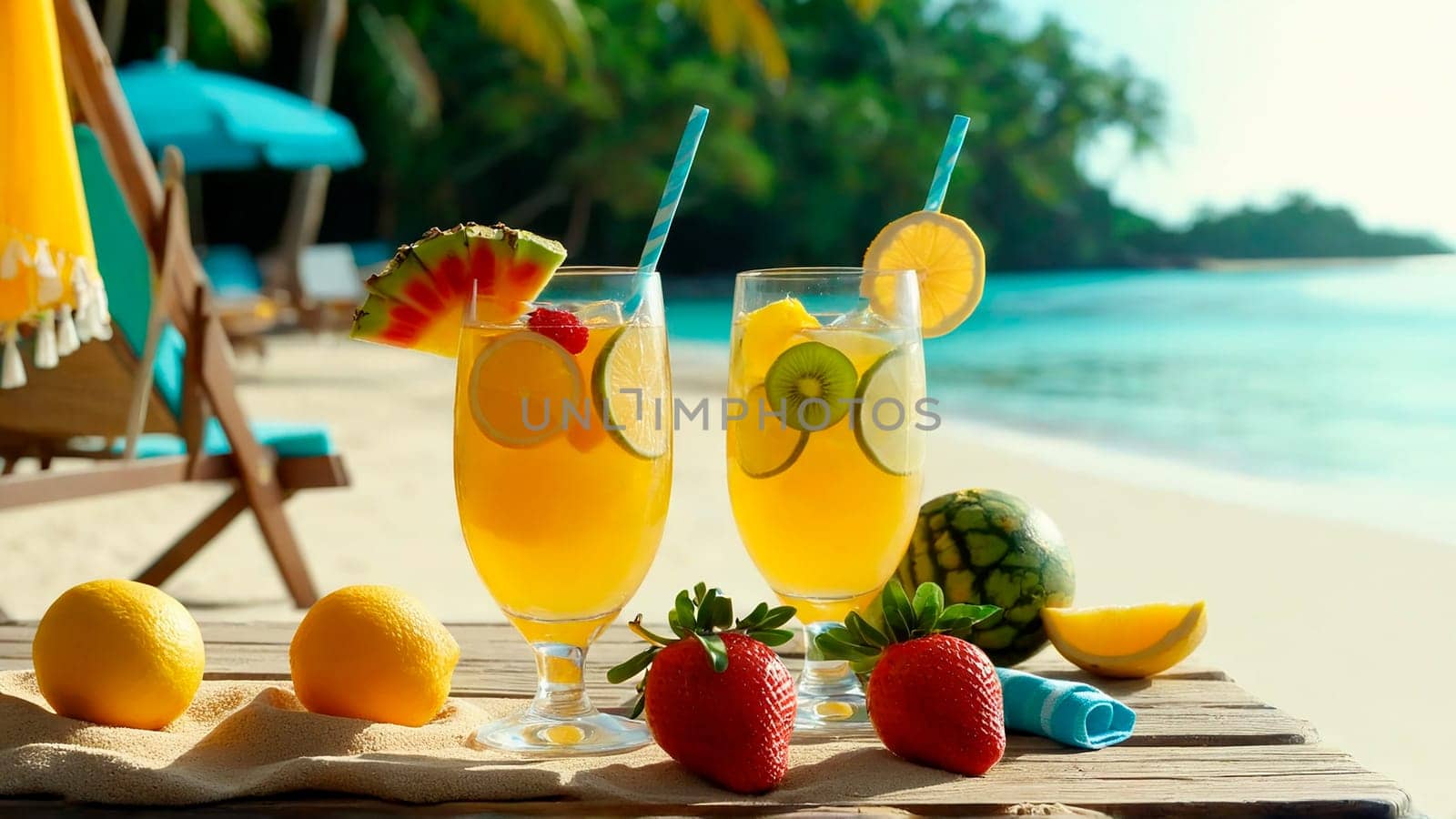 glass of refreshing drink with slices of fruit and decoration on a wooden beach table close-up, next to a sun lounger on a sandy beach, beautiful tropical beach in the background, sea, warm sunny day on a trip.