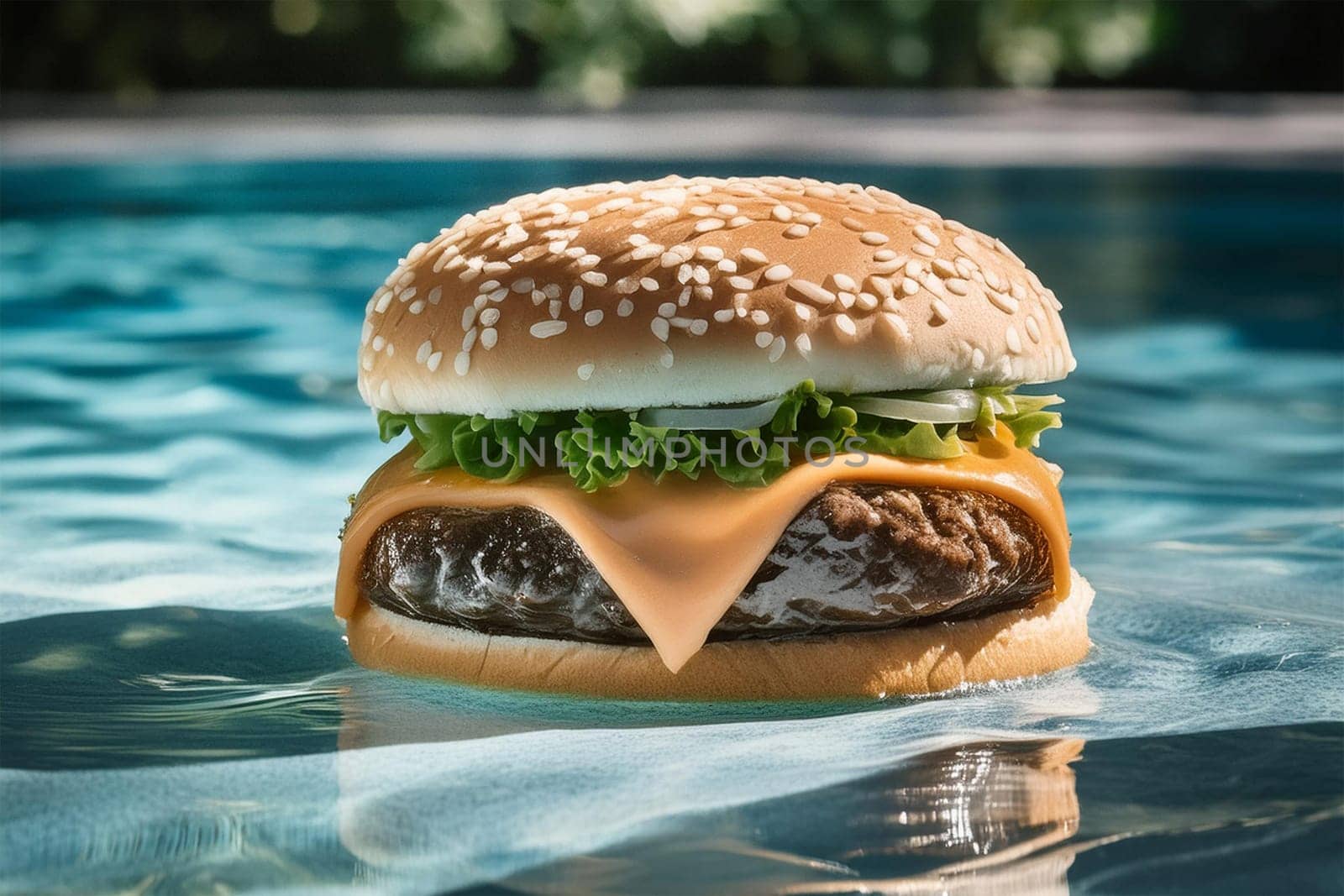 A burger with a juicy beef patty, cheese and leafy lettuce floats in the turquoise water of the pool. Concept of an all-inclusive hotel or pool bar