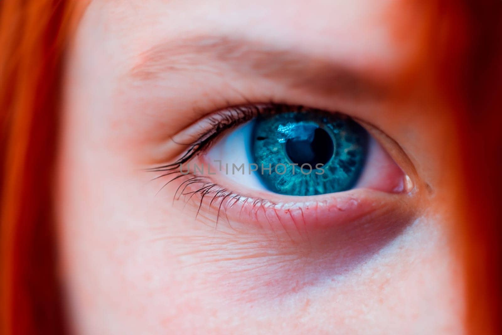 A red-haired girl with red hair and deep blue eyes stares intently at the camera. Extreme close cropped portrait.