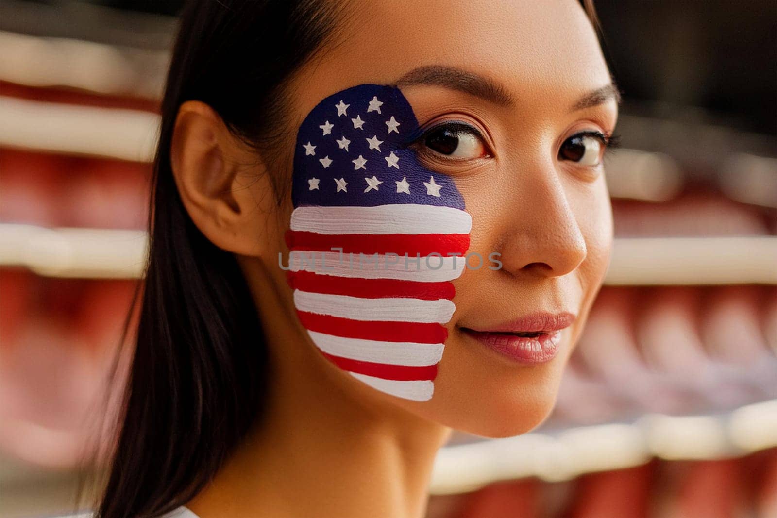 Close-up of the face of a female fan in a sports stadium, with an American flag painted on one side of her face.