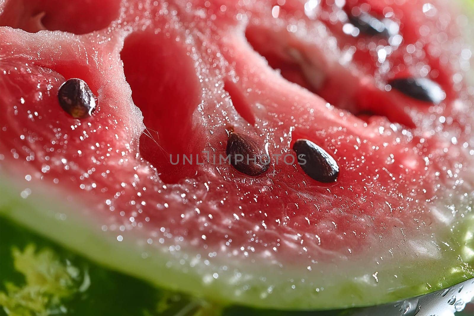 Close-up shot of a refreshing watermelon slice being bitten into, with water droplets glistening on the fruit.
