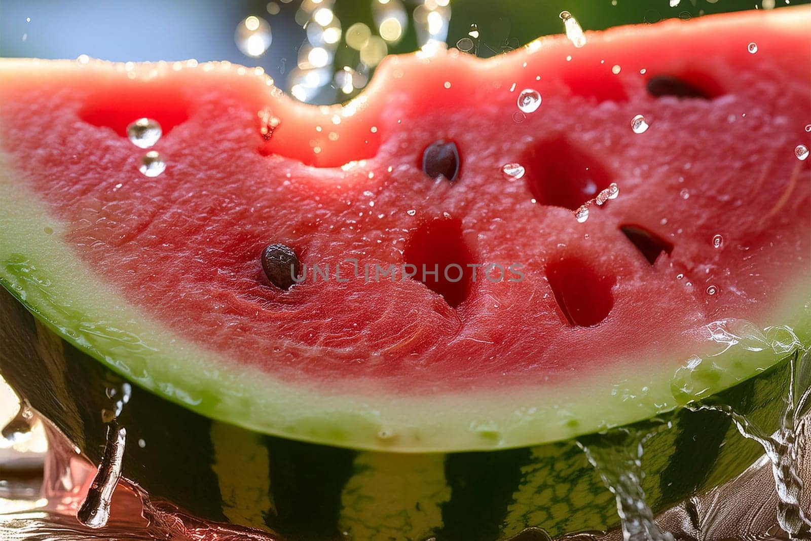 Close-up shot of a refreshing watermelon slice being bitten into, with water droplets glistening on the fruit.