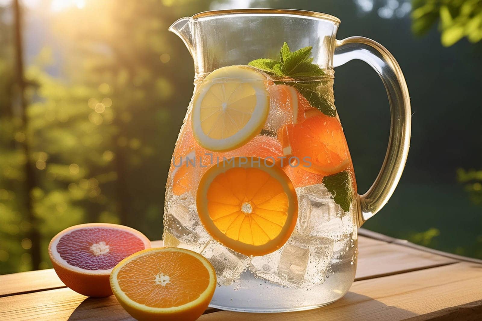 Close-up of a refreshing fruit-infused water pitcher with ice cubes and slices of citrus fruits on a table on a balcony or terrace in the sunlight