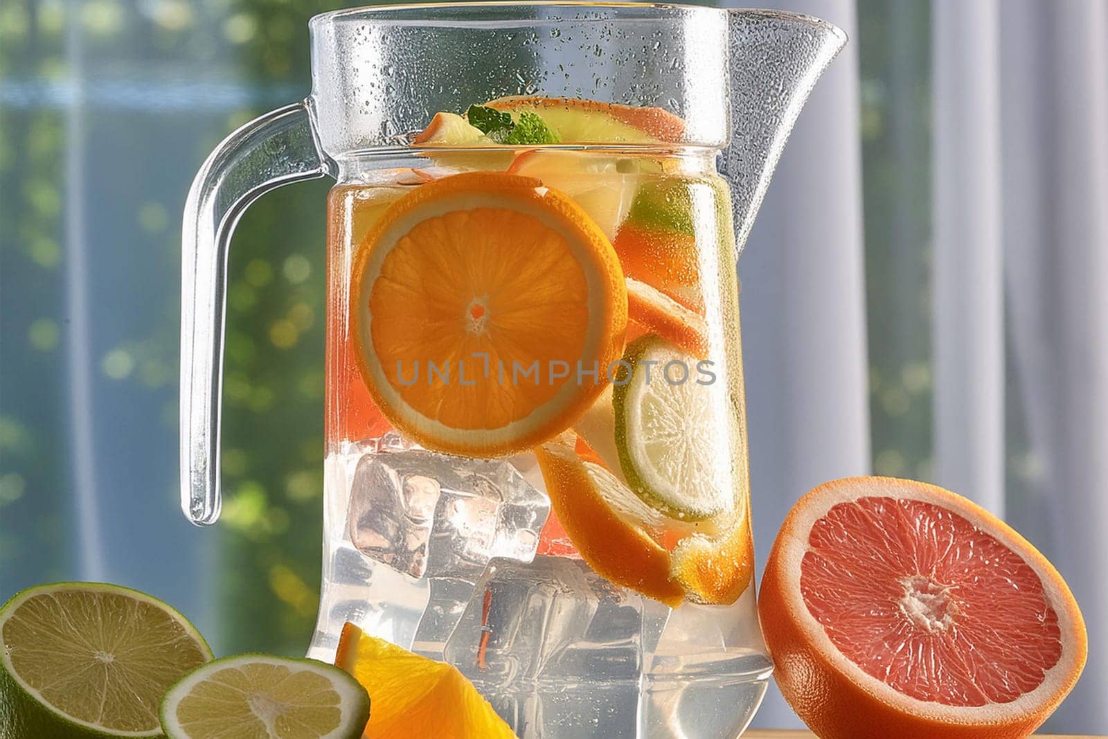 Close-up of a refreshing fruit-infused water pitcher with ice cubes and slices of citrus fruits.