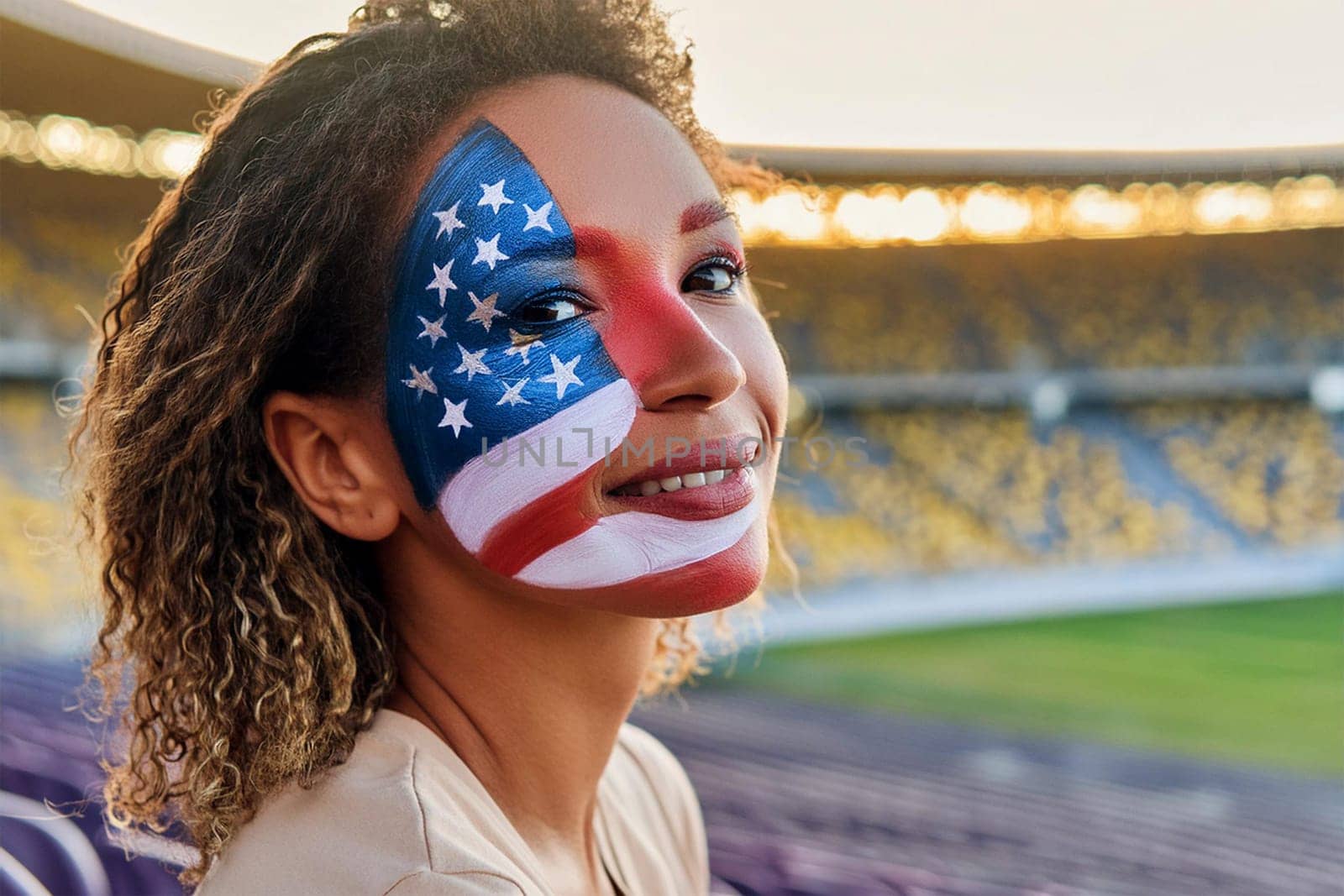 Young female sports fan in the stands at the stadium during a match or competition with an american flag painted on her face.
