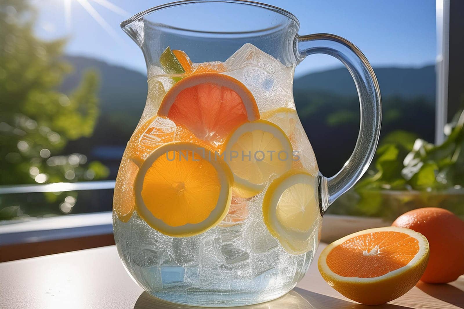 Close-up of refreshing fruit-infused water pitcher with ice cubes and slices of citrus fruits on table on balcony or terrace in the sunlight