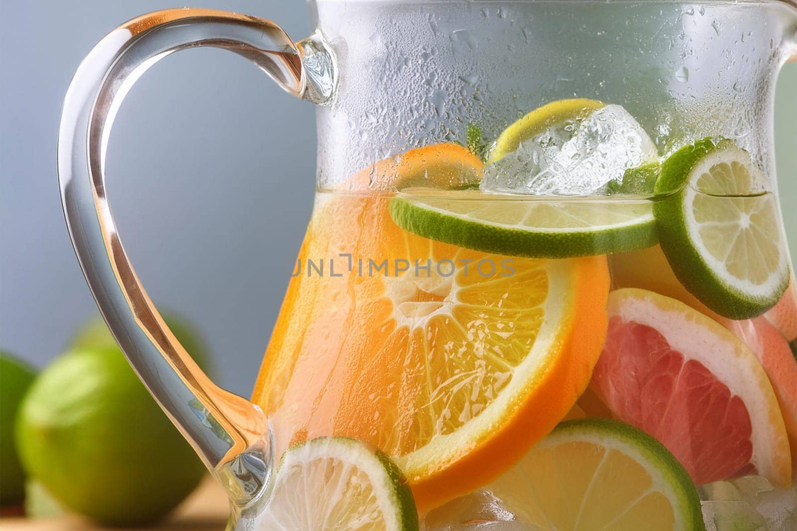 Close-up of a refreshing fruit-infused water pitcher with ice cubes and slices of citrus fruits.