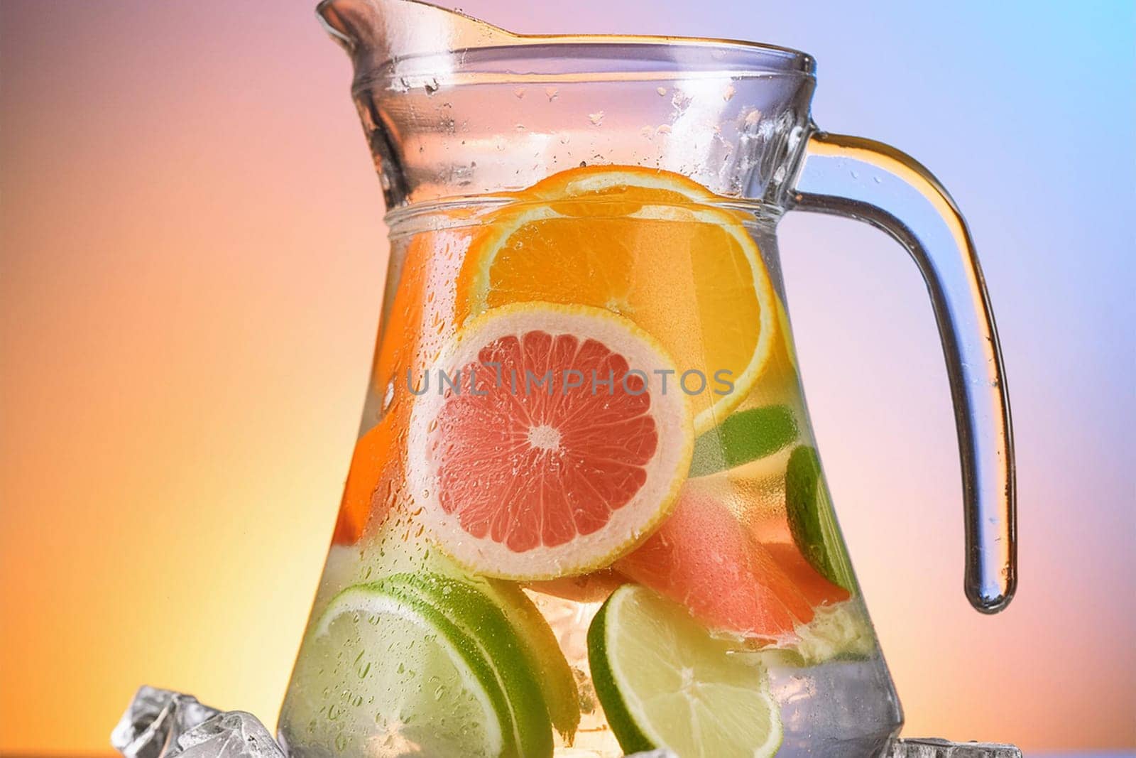 Close-up of a refreshing fruit-infused water pitcher with ice cubes and slices of citrus fruits.