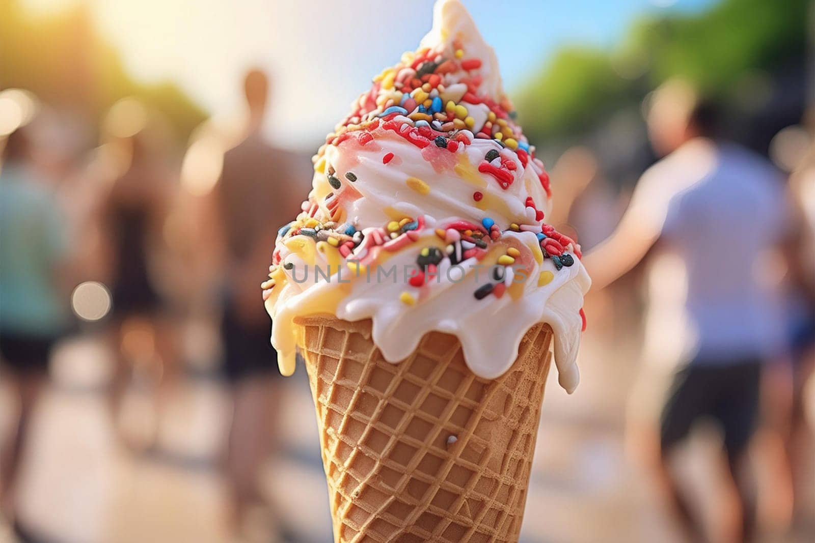 Close-up of a melting ice cream cone with vibrant sprinkles and a blurred background of people enjoying outdoor activities.