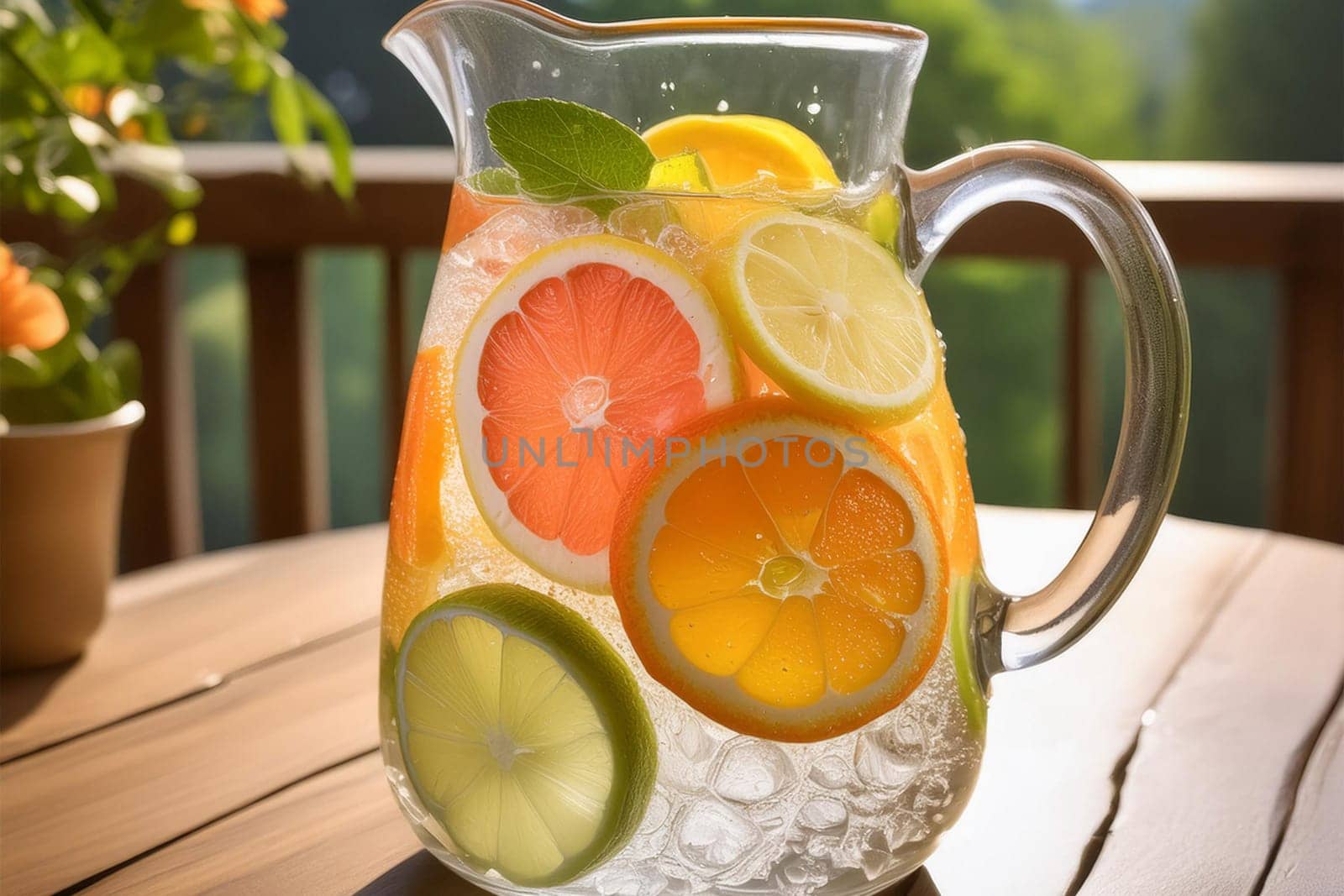Close-up of refreshing fruit-infused water pitcher with ice cubes and slices of citrus fruits on table on balcony or terrace in the sunlight