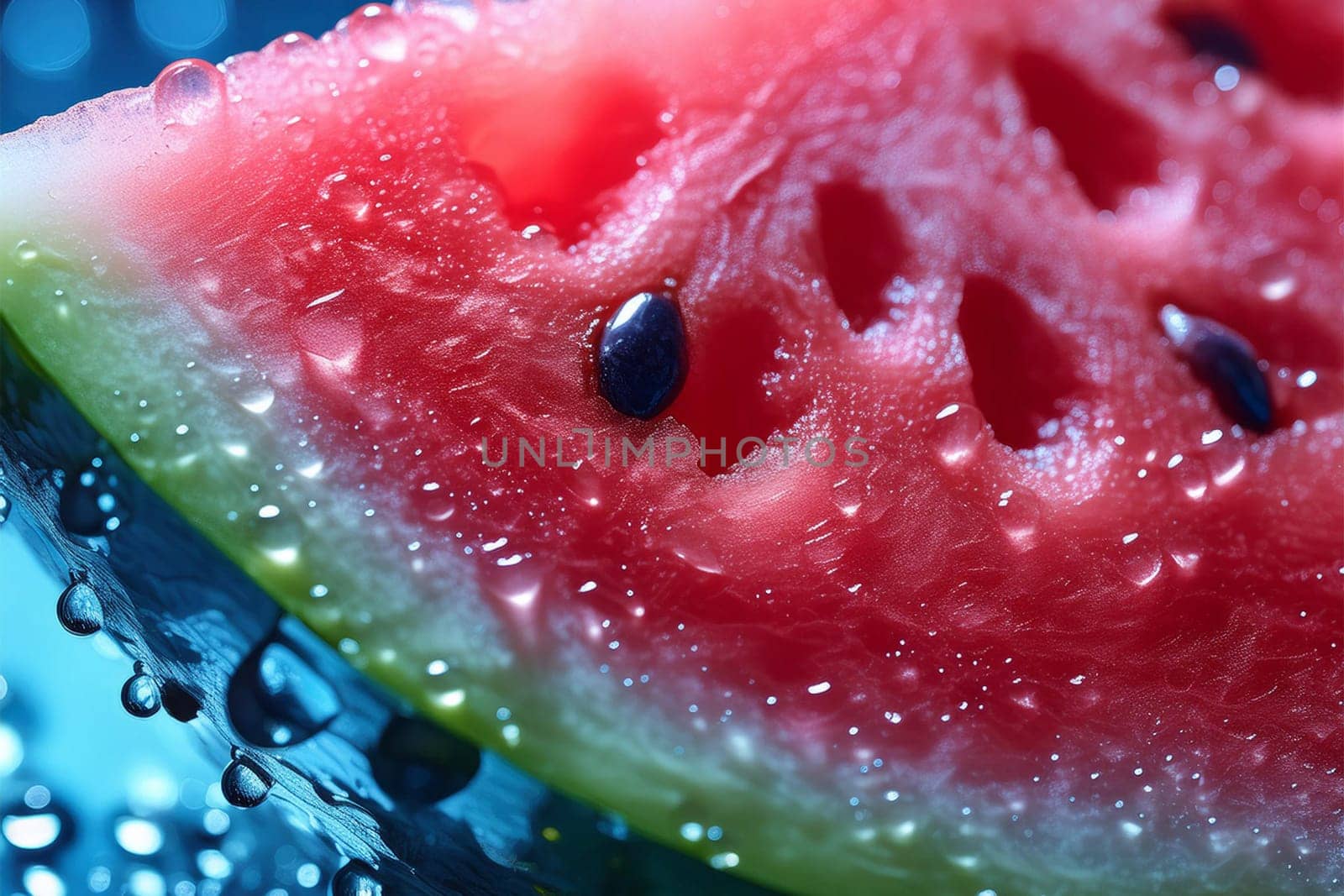 Close-up shot of a refreshing watermelon slice being bitten into, with water droplets glistening on the fruit.