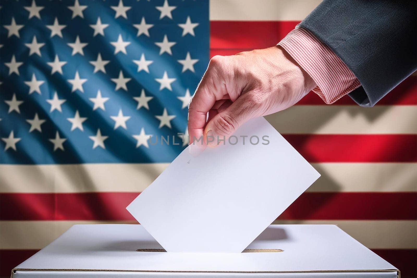 usa elections the hand of man putting vote in the ballot box.