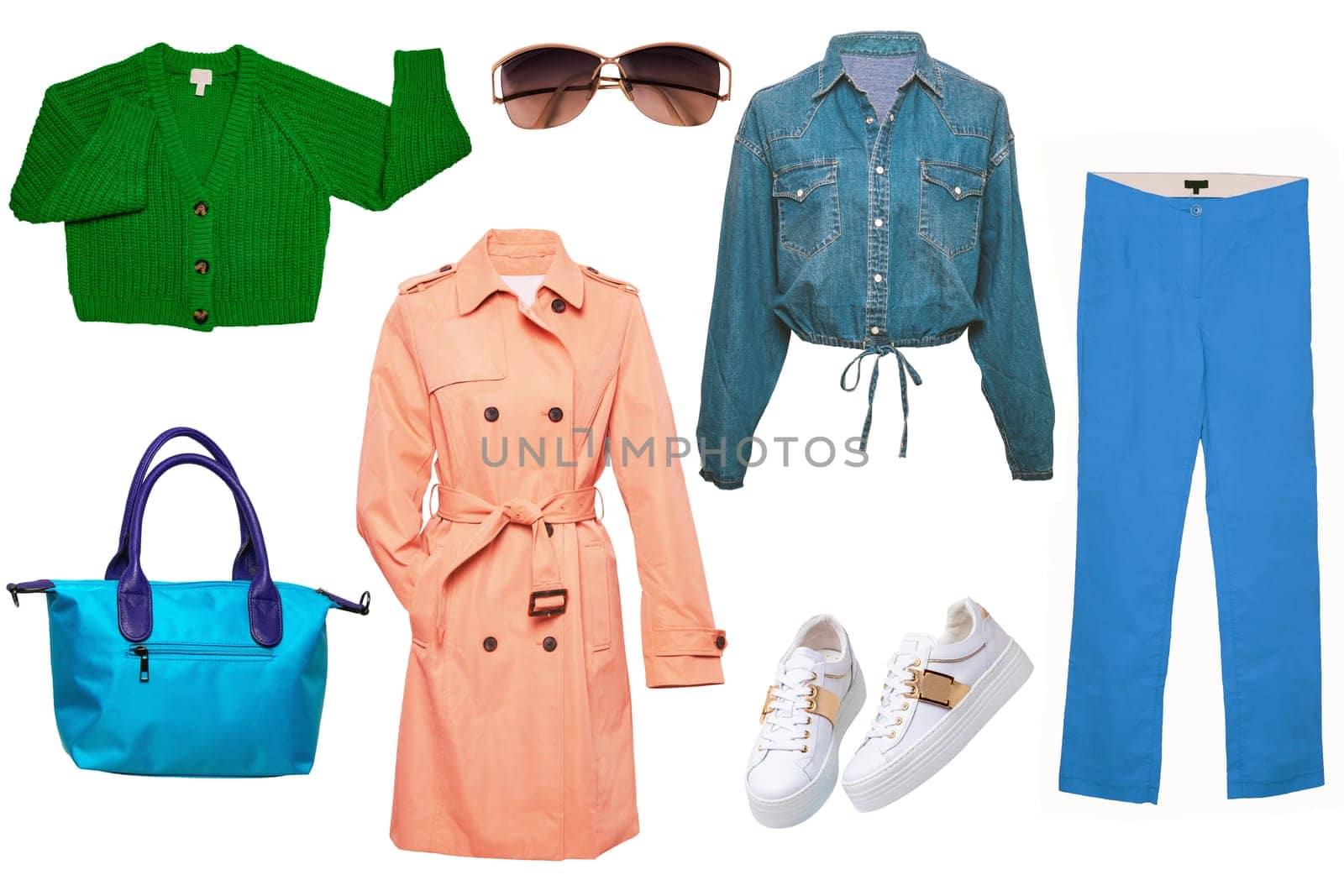 Collage set of woman spring summer clothes isolated. Female girls clothing collection. Women fashion outfit. Jeans, sneaker, jumper, jacket, accessories wear.