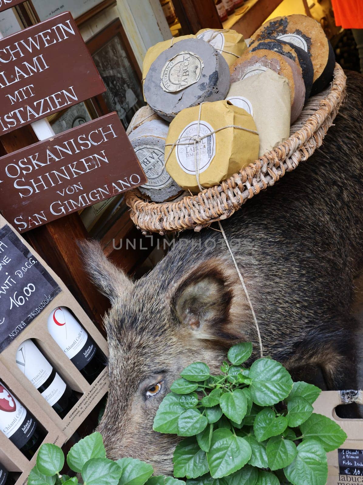 San Gimignano, Italy - Sept 17, 2022: A shop selling local and typical italian produce in the historic center of San Gimignano, Tuscany.