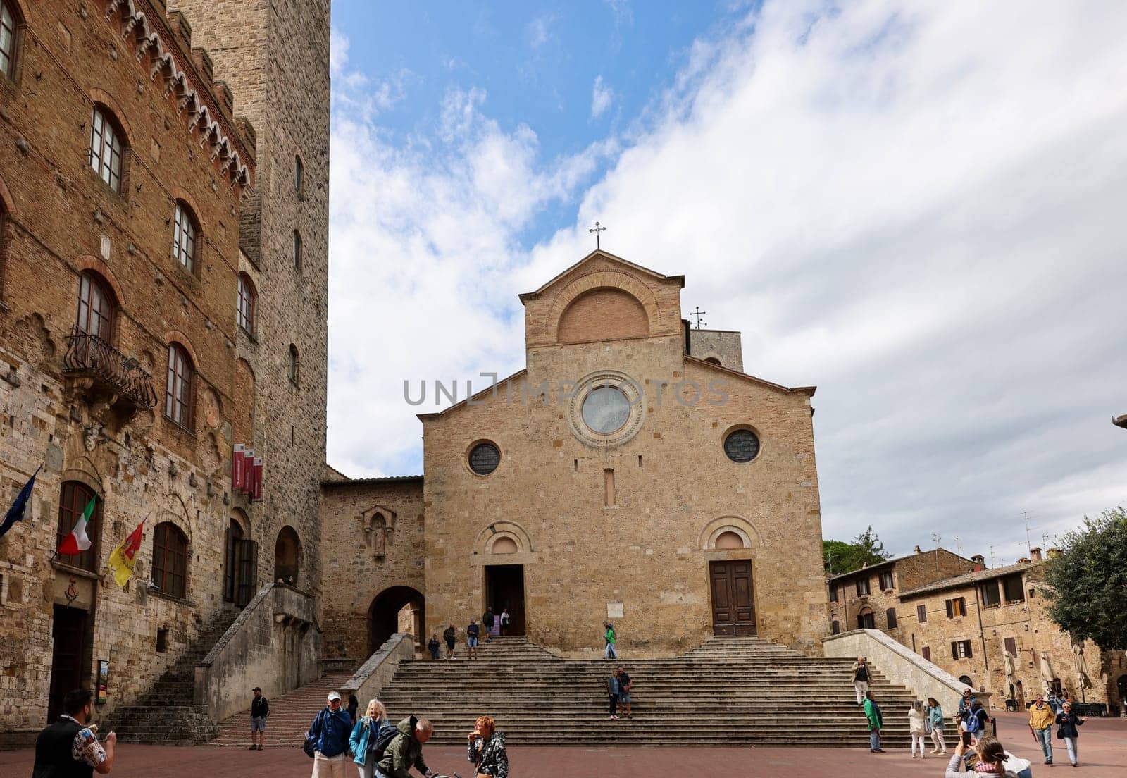 San Gimignano, Italy - Sept 17, 2022: Duomo San Gimignano, the most beautiful church in the city. It is also known as Collegiata di Santa Maria Assunta.