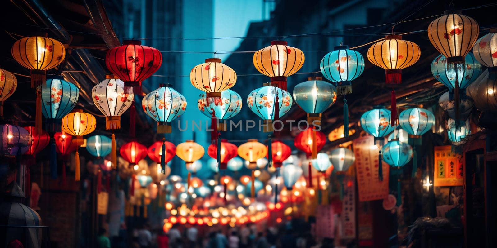 A city street bustling with colorful lanterns hanging above, adding a festive and lively atmosphere to the urban setting.