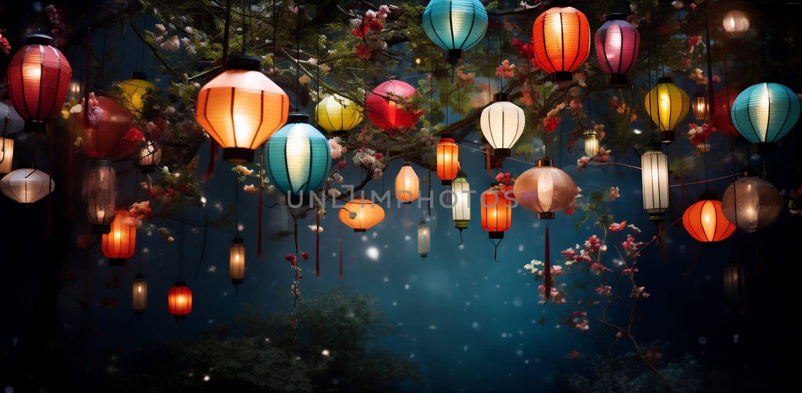 A cluster of lanterns suspended from a tree, creating a festive and decorative display.