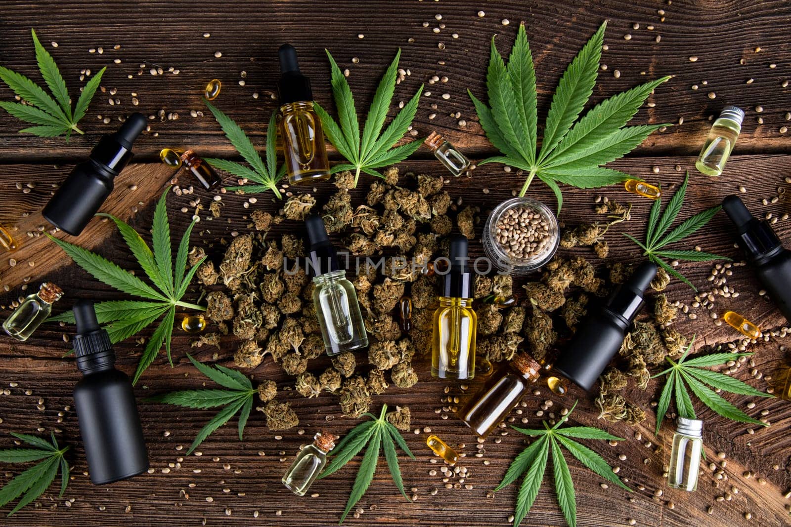 Oil cbd, cannabis and hemp leaves, medical marijuana concept