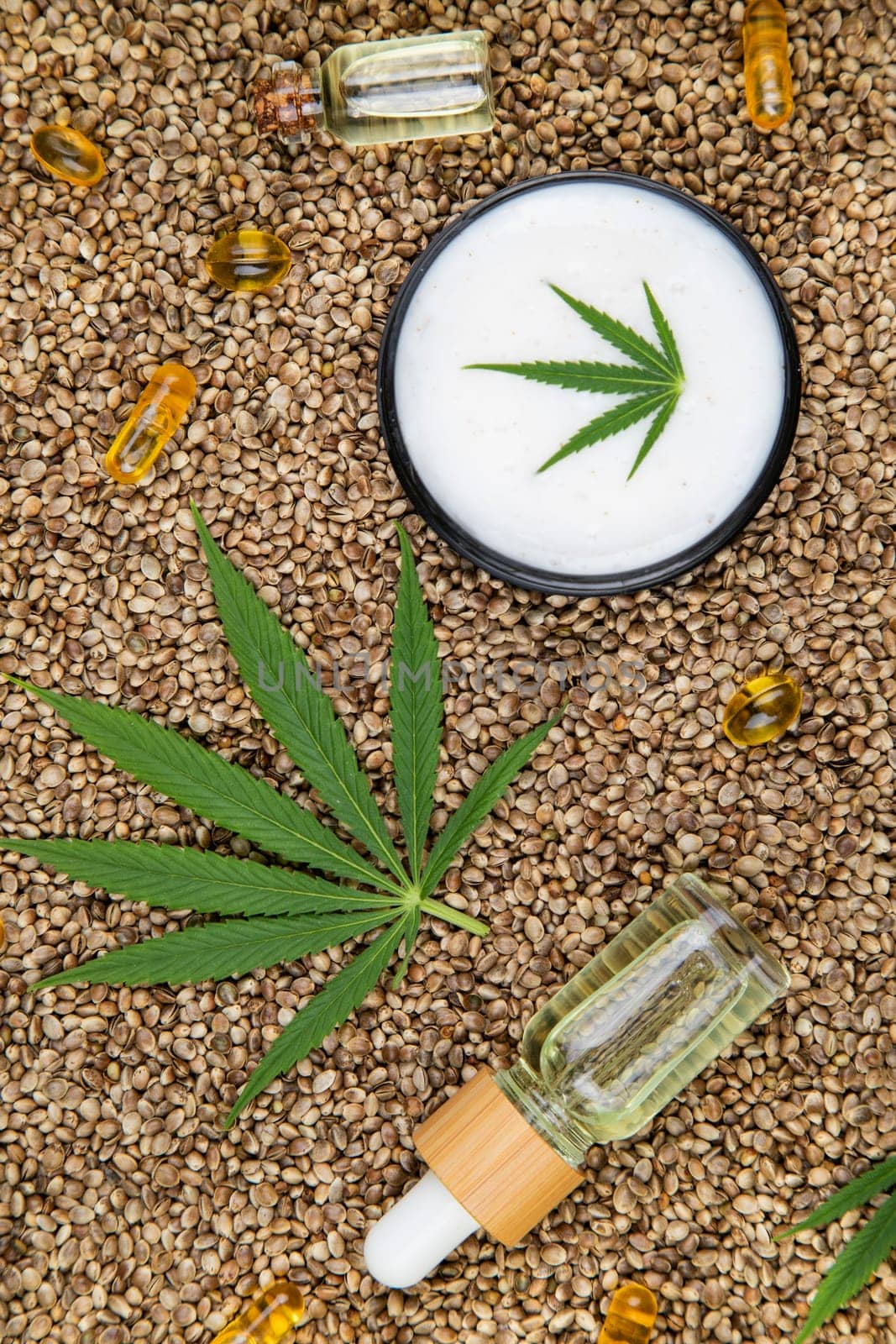 Oil cbd, cannabis and hemp leaves, medical marijuana concept