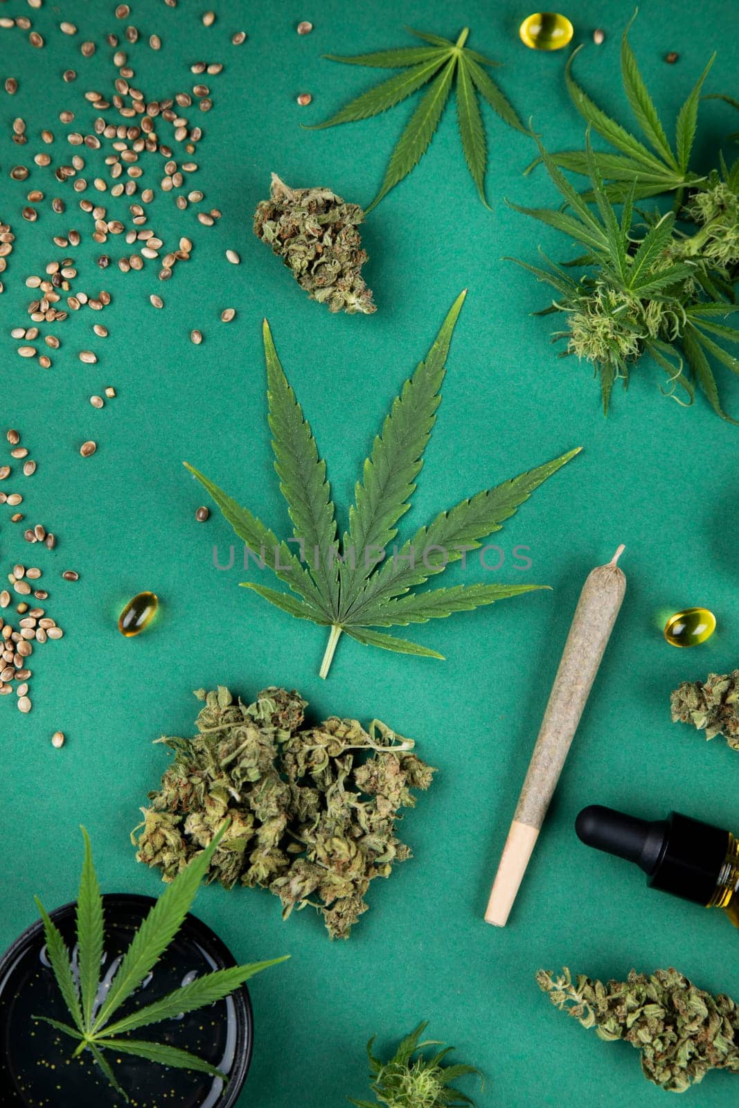 Flat lay, Medical marijuana, cbd,  Cannabis buds, hemp leaves concept