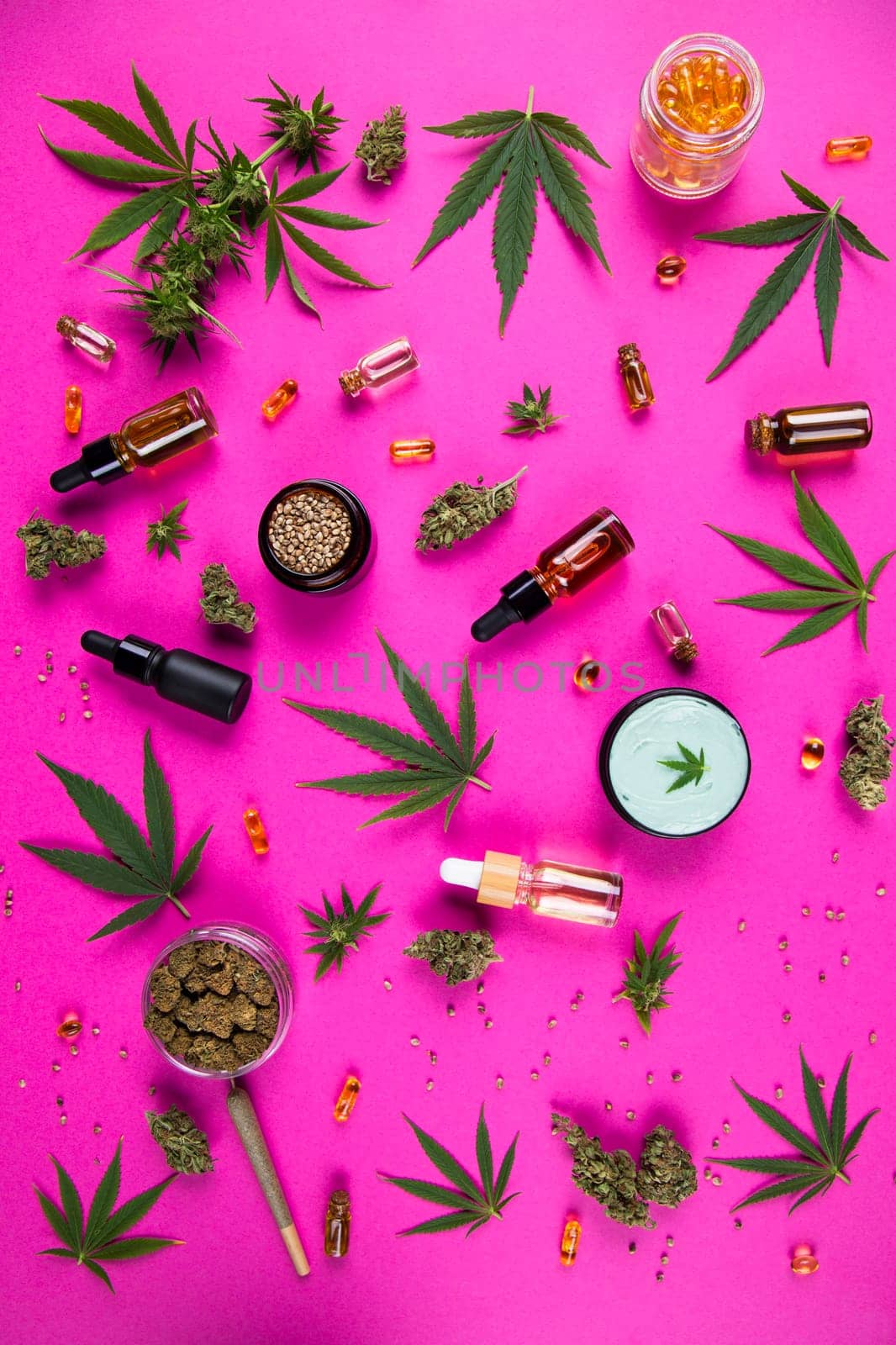 Cannabis leaves with marijuana, cbd, Flat lay composition