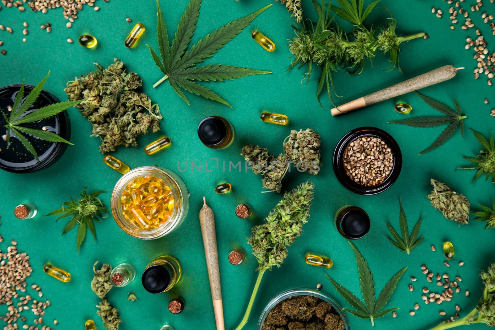 Flat lay, Medical marijuana, cbd,  Cannabis buds, hemp leaves concept