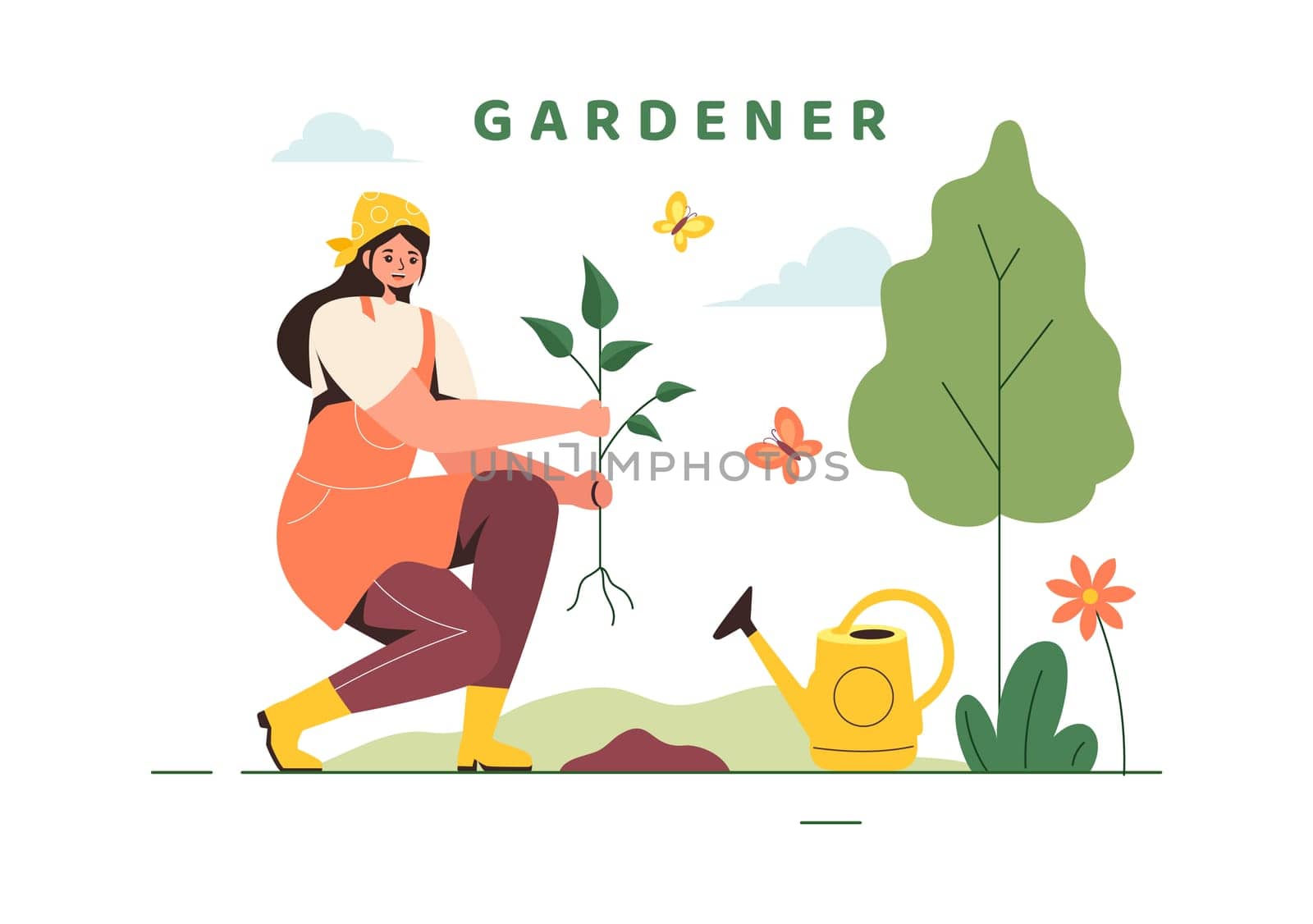 Gardener Vector Illustration with Garden Tools, Farming, and Growing Vegetables in a Botanical Summer Gardening Flat Style Cartoon Background