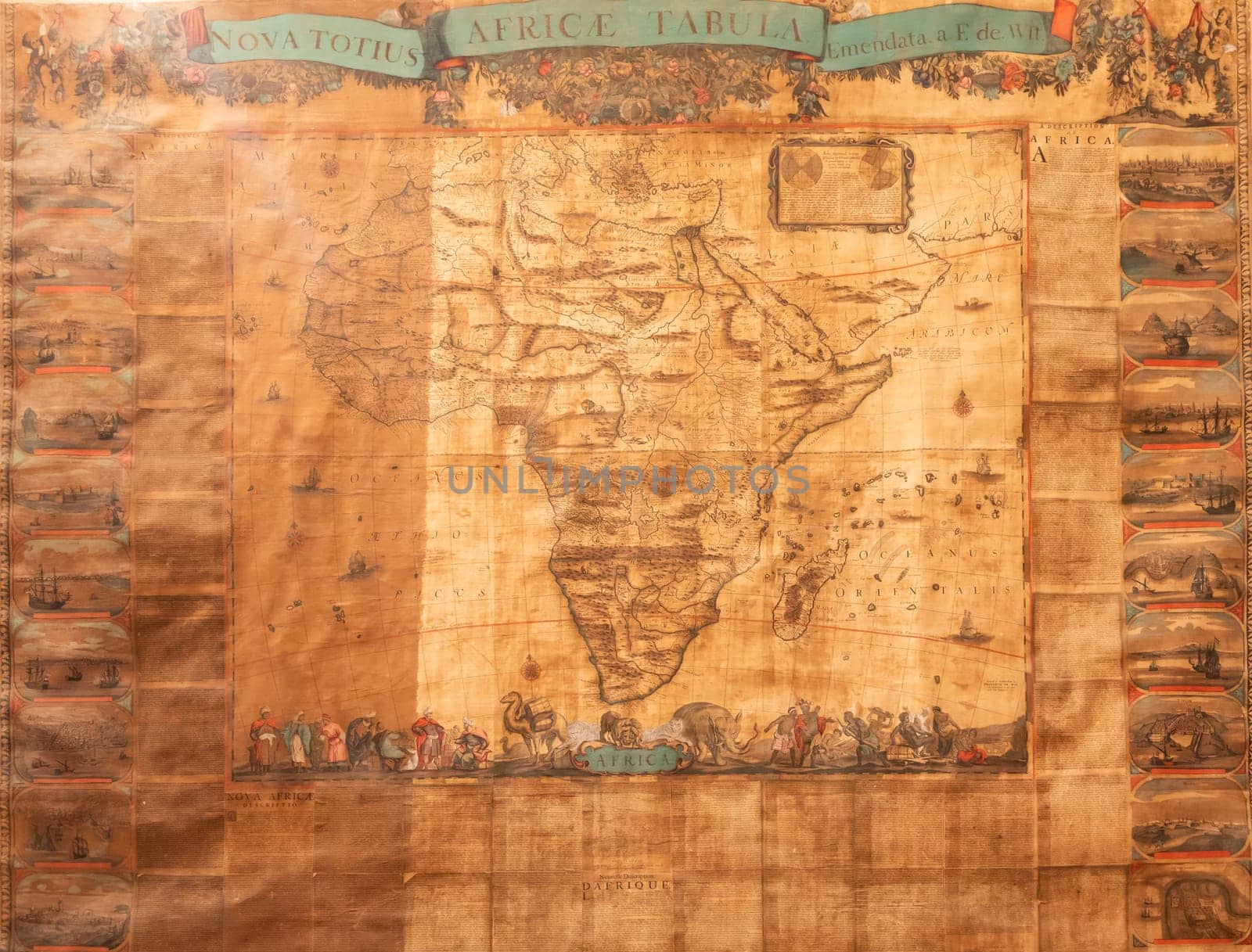 Genova, Italy - 8 August 2023: Spinola Palace. Antique map shows Africa known to Europeans in the mid 17-th Century. Exploration, cartography, vintage background.
