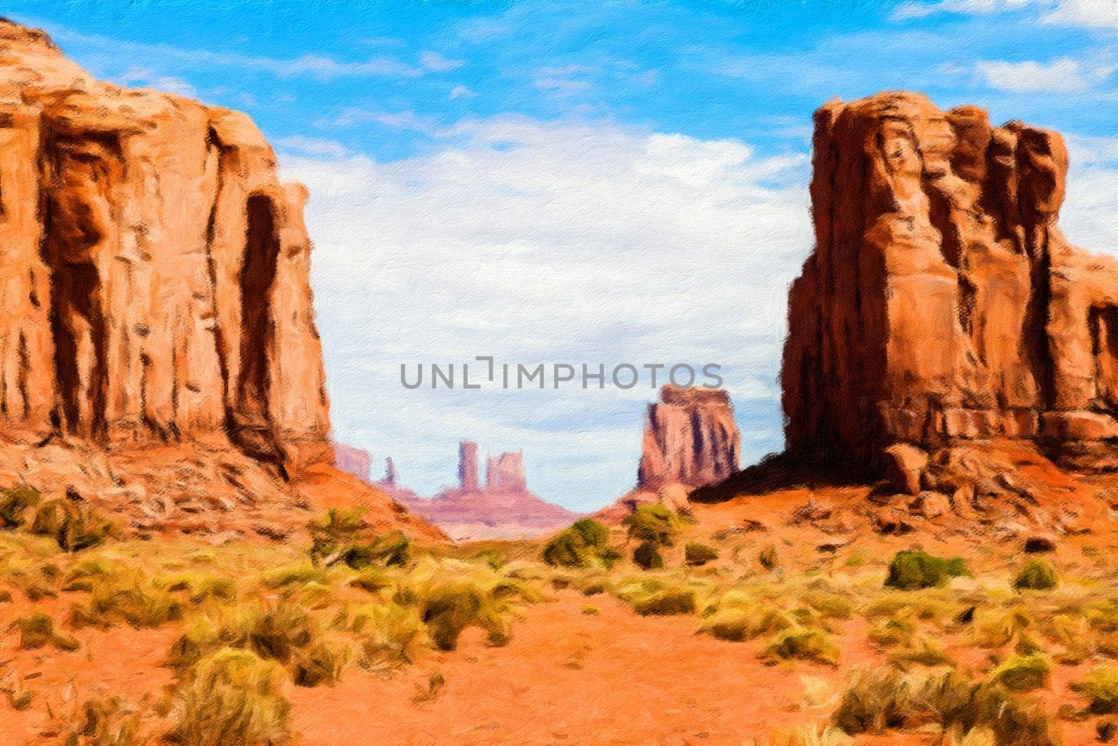 Creative illustration in vintage watercolor design - Monument Valley in USA, red panorama with blue sky
